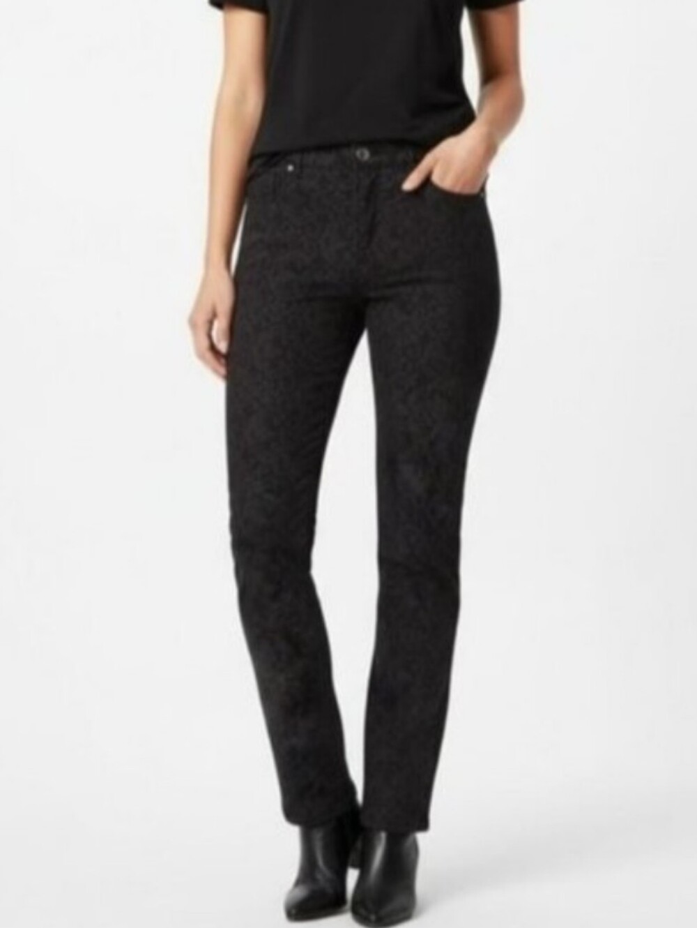 Simon Chang Denim Slim Straight Trouser Pants Stretch Black Jacquard Size 8